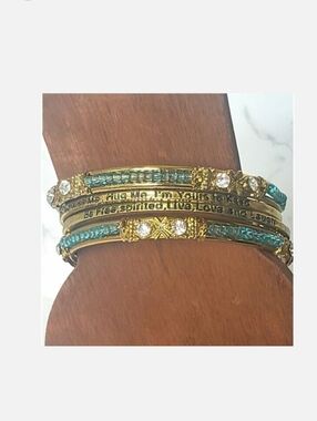 Set Of 4 Bangle Bracelets Beads Crystals & Engraved Messages Words Phrases